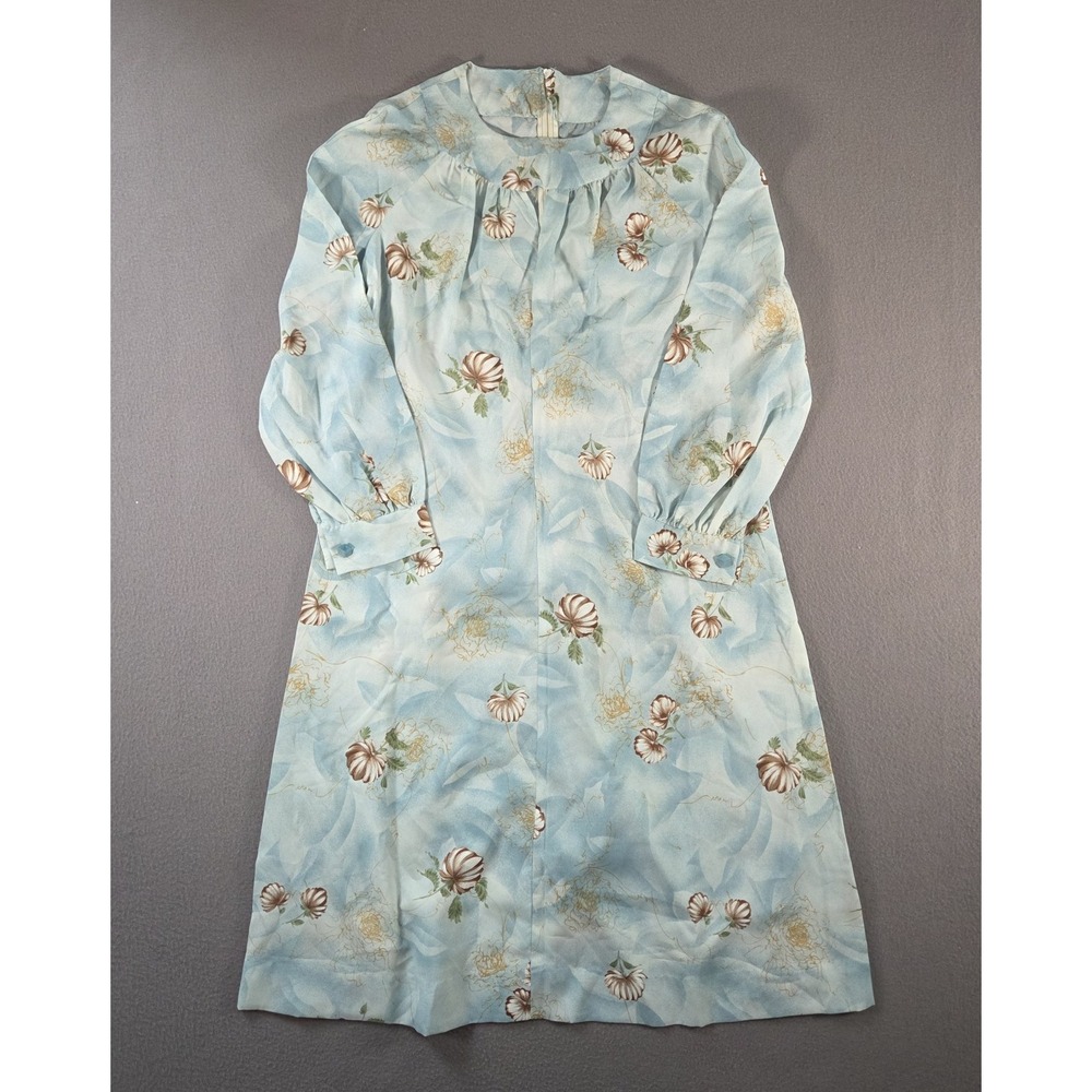 Vintage 70s Dress Womens Large Blue Floral Midi Pleated Collar Long Sleeve